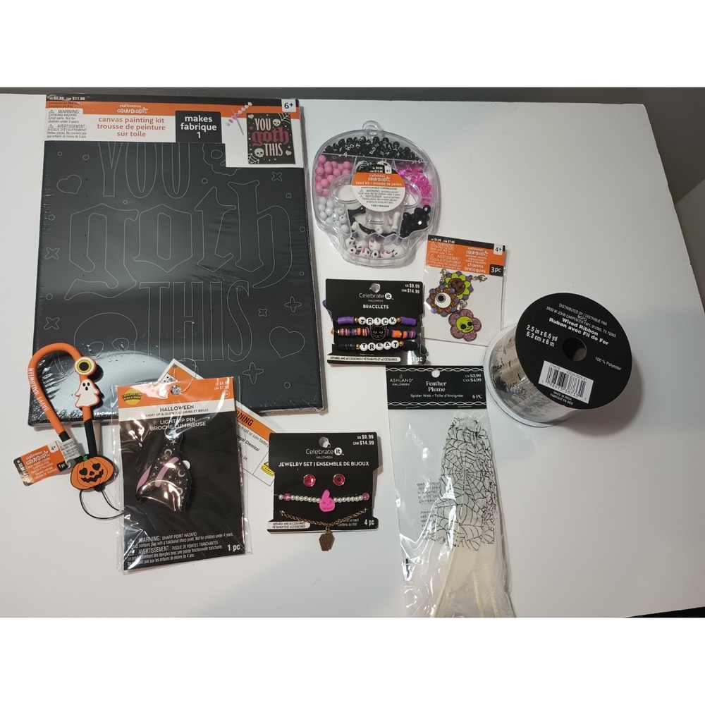 Halloween Craft Lot Creatology Canvas Painting Bead Kit Jewelry Ribbon Feathers